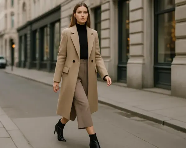 Elegancka kobieta w beżowym płaszczu i brązowych spodniach, z czarnym golfem, idzie ulicą. Czy buty w szpic są modne? Tak, te czarne botki z pewnością dodają stylu.