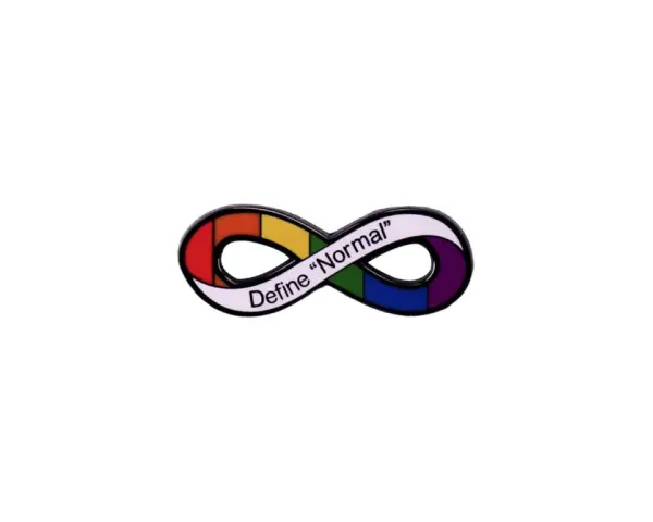 Symbol autyzmu w kształcie nieskończoności, tęczowy, z napisem "Define 'Normal'".