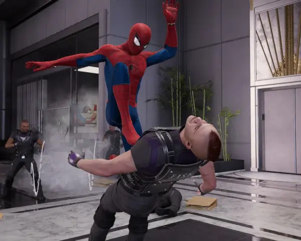 Spider-Man en acción, luchando contra enemigos en un lobby moderno. Una escena típica de los juegos de Spider-Man.