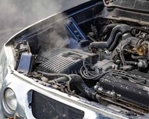 Steam rises from an overheated car radiator, indicating a potential engine problem.