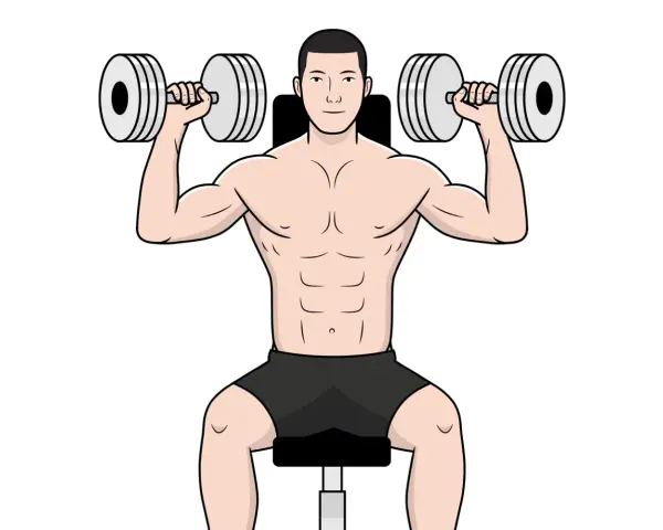 Homme musclé travaillant ses épaules avec des haltères. Il est assis, concentré sur son entraînement pour muscler ses épaules.