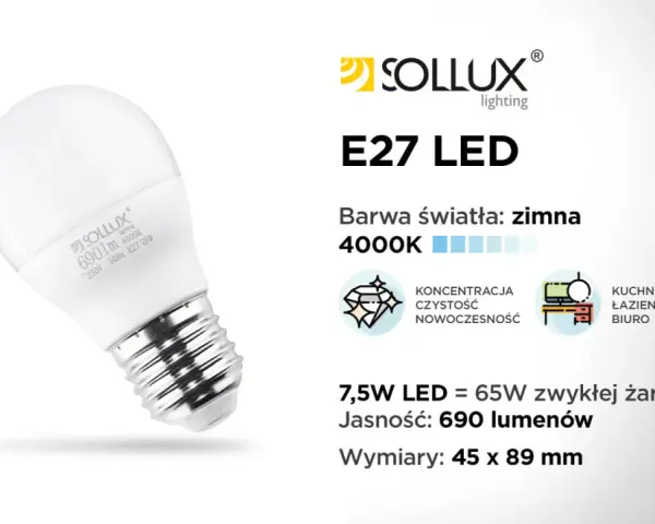 Żarówka LED E27 Sollux 7,5W, 690lm, 4000K. To nowoczesne oświetlenie, które zastąpi żarówkę halogenową 65W.