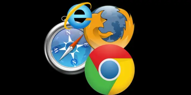 Ikony przeglądarek Internet Explorer, Firefox i Chrome oraz kompas na czarnym tle.