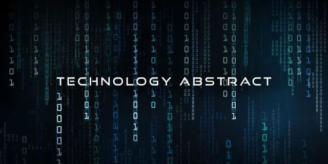 Tło z kodem binarnym i napisem "TECHNOLOGY ABSTRACT".