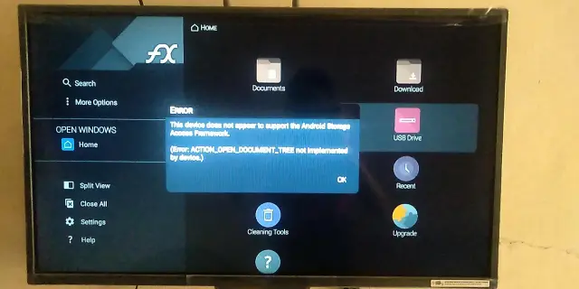 Ekran telewizora z komunikatem błędu "This device does not appear to support the Android Storage Access Framework.