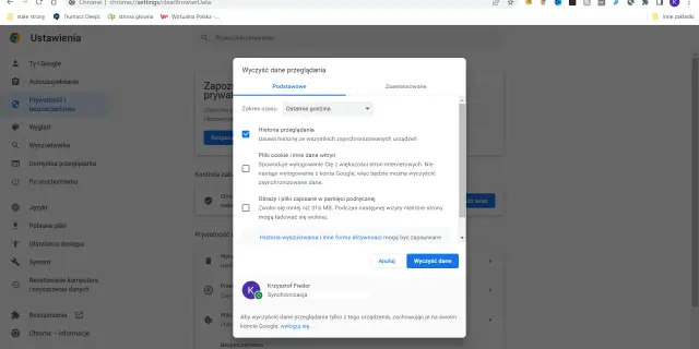 Okno dialogowe "Wyczyść dane przeglądania" w Chrome z zaznaczoną historią przeglądania.