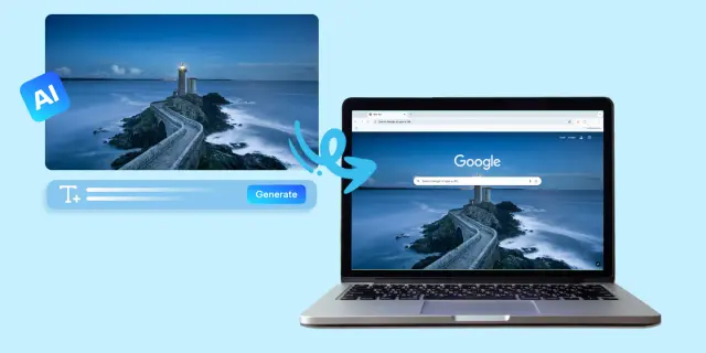 Grafika przedstawia proces zmiany tła w przeglądarce Chrome na zdjęcie latarni morskiej.