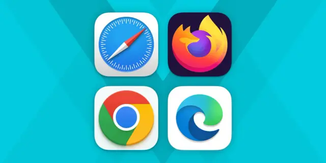 Ikony przeglądarek Safari, Firefox, Chrome i Edge na niebieskim tle.
