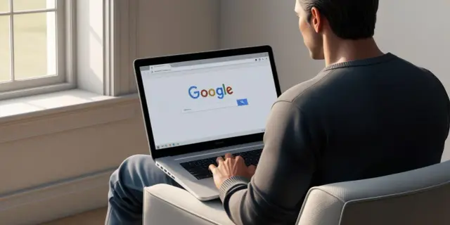 Mężczyzna korzysta z laptopa z otwartą wyszukiwarką Google.