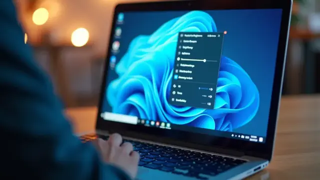 Laptop z jasnym ekranem i otwartym menu ustawień jasności.