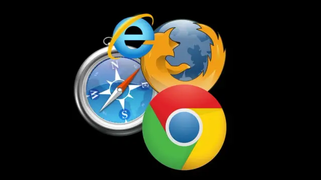 Ikony przeglądarek Internet Explorer, Firefox i Chrome oraz kompas na czarnym tle.