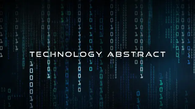 Tło z kodem binarnym i napisem "TECHNOLOGY ABSTRACT".
