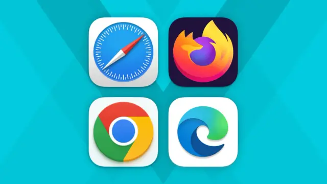 Ikony przeglądarek Safari, Firefox, Chrome i Edge na niebieskim tle.