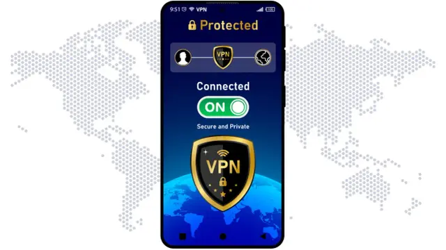 Ekran telefonu z aplikacją VPN włączoną, pokazującą status "Connected" i tarczę z napisem VPN.