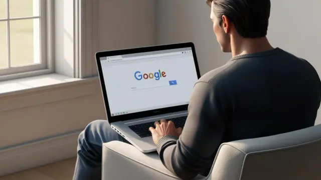 Mężczyzna korzysta z laptopa z otwartą wyszukiwarką Google.