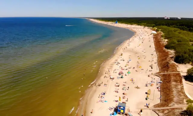 Słoneczna plaża na Litwie, gdzie turkusowe morze łagodnie przechodzi w zielonkawe wody. Tłumy plażowiczów odpoczywają na piasku, ciesząc się letnim dniem.