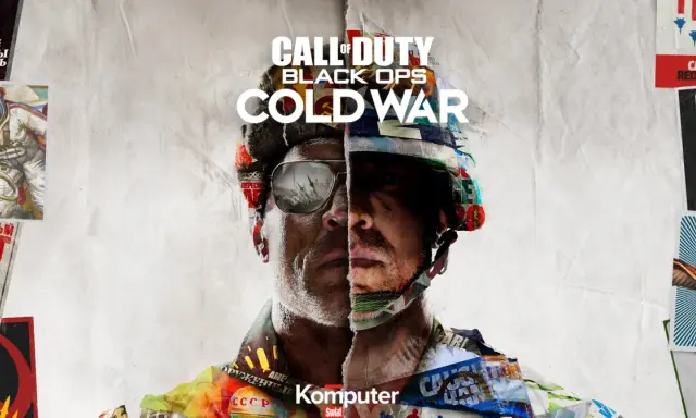 Plakat gry Call of Duty Black Ops Cold War z kolażem propagandowych obrazów z epoki zimnej wojny, w tym radzieckiego kosmonauty i symboli ZSRR.