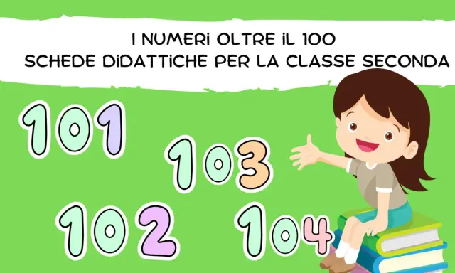 Bambina sorridente su libri, circondata dai numeri 101, 102, 103, 104. Schede didattiche per la classe seconda sui numeri oltre il 100.