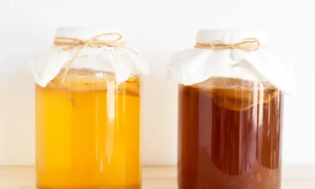 Dwa słoje z kombuchą, jeden jasnożółty, drugi ciemnobrązowy. Czy kombucha jest zdrowa? To pytanie nurtuje wielu miłośników napojów fermentowanych.