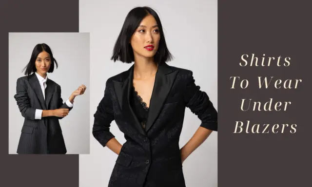 A woman models different shirts to wear under a blazer, showcasing a classic white button-down and a lace camisole.