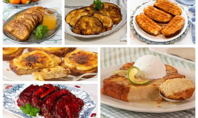 Variedad de torrijas: doradas, con crema quemada, con helado y frutas, y un plato de carne en salsa. Ingredientes torrijas variados.