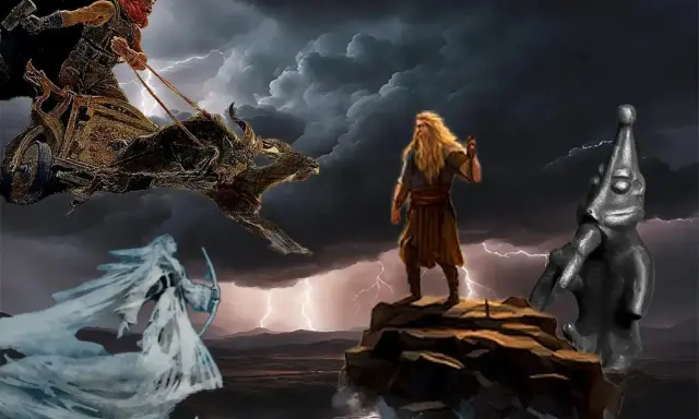 Mitologia germańska bogowie: Thor na rydwanie, Odyn na skale i piękna bogini z łukiem.