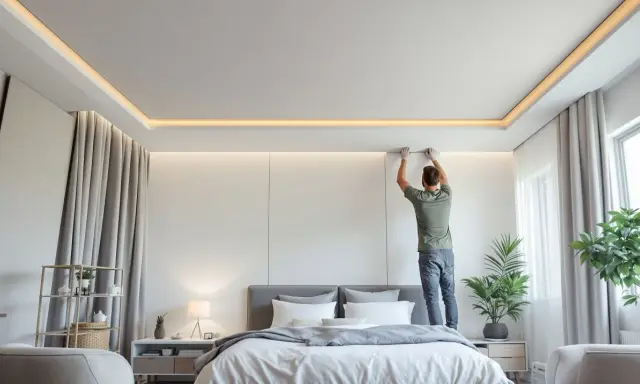 Installazione di pannelli per l'isolamento acustico del soffitto in una camera da letto moderna.
