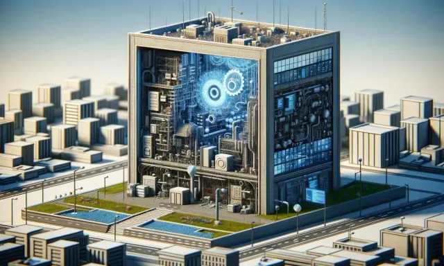Futurystyczny budynek z widocznym wnętrzem pełnym mechanizmów i niebieskich świateł, przypominający złożony system. To wizualizacja **facade pattern** w architekturze oprogramowania.