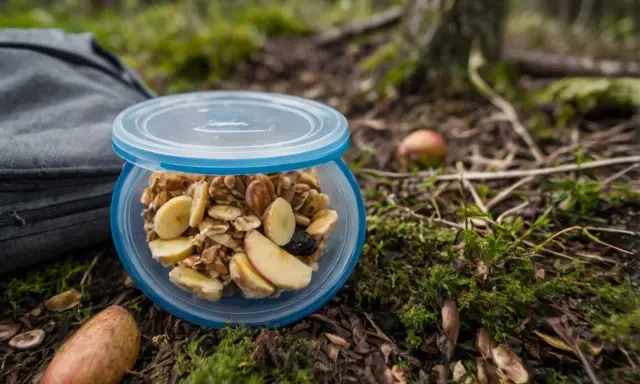 Idealne co do jedzenia w góry: musli z bananem i jabłkiem w pojemniku, obok plecak i jabłka na leśnym poszyciu.
