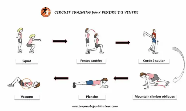 Circuit training pour perdre du ventre : squats, fentes sautées, corde à sauter, mountain climber obliques, planche, vacuum.