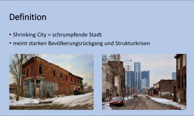 Verfallene Gebäude und moderne Skyline in Detroit spiegeln die Herausforderungen der Detroit Stadtentwicklung wider.