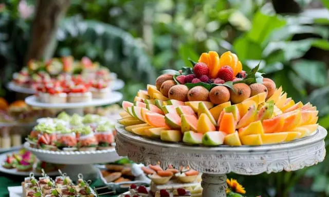 Un magnifique buffet froid recette avec une pyramide de fruits frais, des canapés et des desserts.