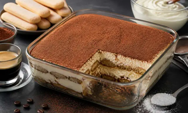 Un délicieux tiramisu caramel, généreusement saupoudré de cacao, prêt à être dégusté. Des biscuits à la cuillère et une tasse d'espresso complètent cette gourmandise.