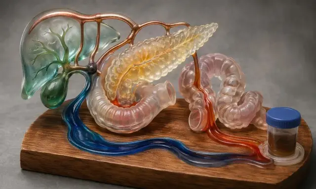 Modello artistico di fegato, pancreas e intestino, con flussi blu e rossi che simboleggiano la bile e altri fluidi digestivi, evidenziando la bile funzione.