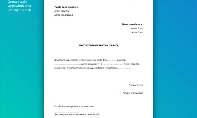 Gotowy wzór wypowiedzenia umowy o pracę. Formularz zawiera pola na dane pracownika, pracodawcy i informacje o tym, jak złożyć wypowiedzenie.