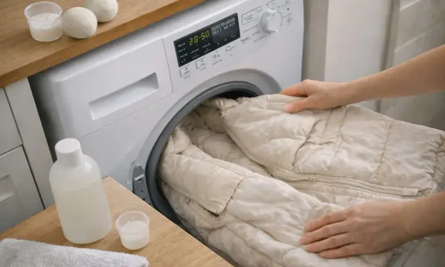 Ręce wkładają beżową kurtkę puchową do pralki. Obok butelka płynu i kulki do prania.