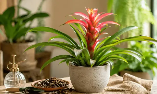 Bromelia en maceta gris con flor roja vibrante. A su lado, un pulverizador de latón y tierra para macetas, sugiriendo cuidados.