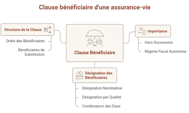 Schéma expliquant la clause bénéficiaire d'une assurance-vie : structure, désignation et importance pour le bénéficiaire.