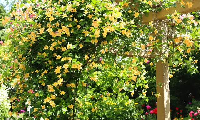 Une **plante grimpante croissance rapide** aux fleurs jaunes éclabousse une pergola en bois. Le feuillage dense est parsemé de grappes de fleurs en trompette.