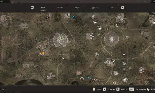 Mapa gry S.T.A.L.K.E.R. z widocznymi ikonami zadań i lokacji. Widać fragmenty budynków, dróg i terenów zielonych, sugerujące zniszczony świat, czyli martwe pole.