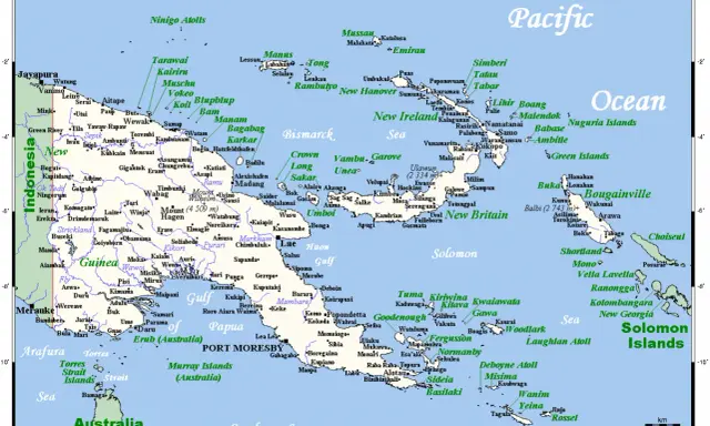 Papua Nowa Gwinea mapa: wyspy, miasta, zatoki i oceany. Zobacz położenie Nowej Gwinei i okolicznych wysp.