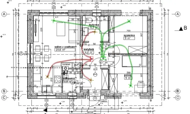 Projekt instalacji wentylacji mechanicznej z odzyskiem ciepła w mieszkaniu. Zielone linie pokazują nawiew, czerwone wywiew.