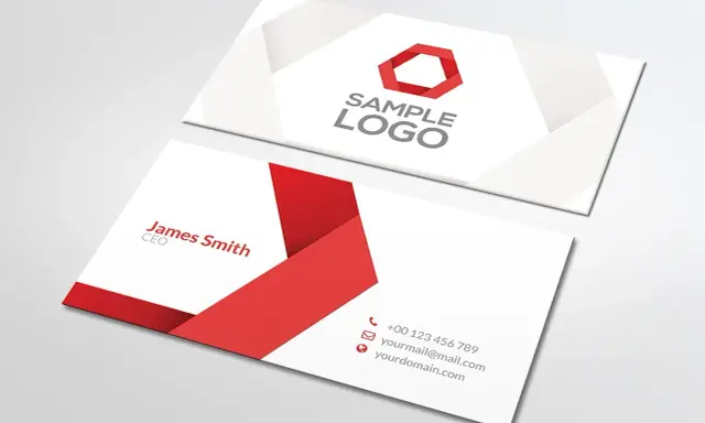 Dwie wizytówki z nowoczesnym, czerwono-białym wzorem. Jedna zawiera logo i napis "SAMPLE LOGO", druga dane kontaktowe i nazwisko "James Smith CEO". Idealny papier do wizytówek.