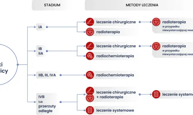 Schemat pokazuje stadia raka szyjki macicy i metody leczenia, od chirurgii po radioterapię i leczenie systemowe. Rokowania zależą od stadium.