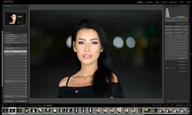 Portret kobiety w programie Lightroom, idealny do nauki kurs lightroom. Widoczne panele edycji i miniaturki zdjęć.