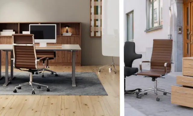 Bruna kontorsstolar och ett modernt skrivbord ger inspiration kontor. En lådhurts står utomhus.