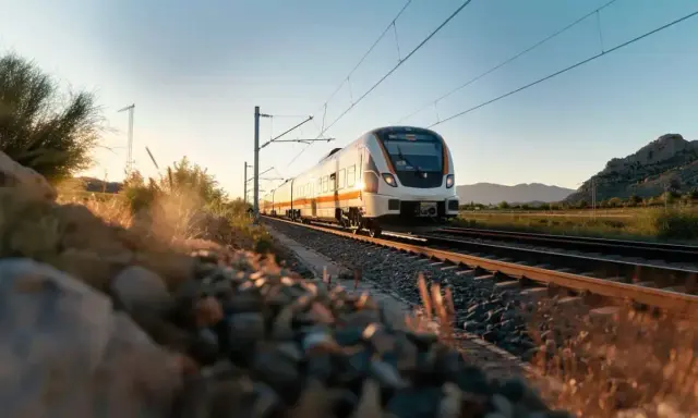 Treno moderno su binari al tramonto, ideale per capire come spostarsi da Porto a Lisbona in modo panoramico e rilassante.