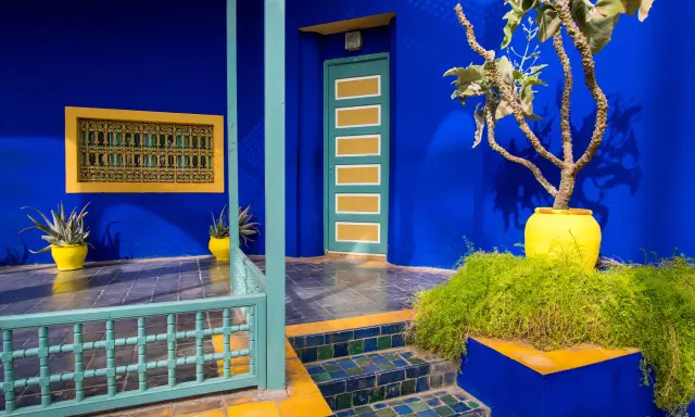 Un jardin aux murs bleu klein et bleu majorelle, avec une porte jaune et verte, des plantes luxuriantes et des carreaux colorés.