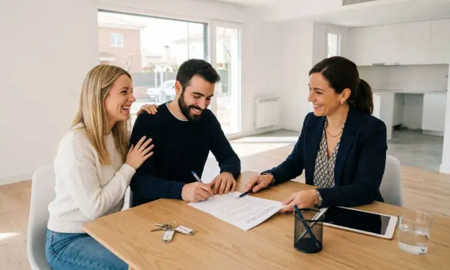 Pareja sonriente firma un contrato, quizás relacionado con el **articulo 2 LAU**, mientras una agente inmobiliaria les guía. Llaves sobre la mesa.