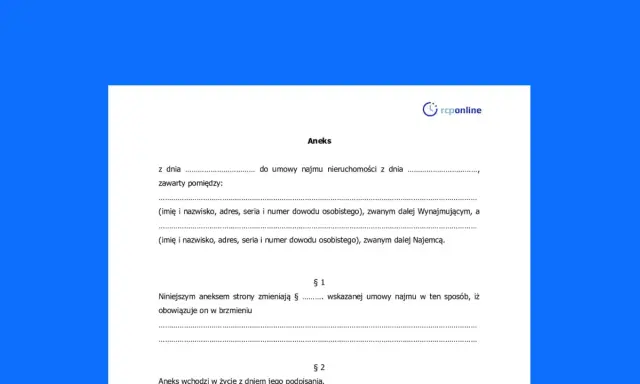 Aneks do umowy najmu nieruchomości, zawierający dane stron i postanowienia dotyczące zmian w umowie.